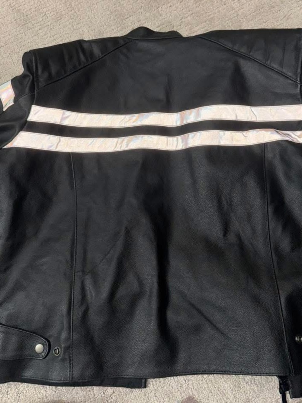 Men's Black Leather Bomber Jacket with White Reflective Stripes